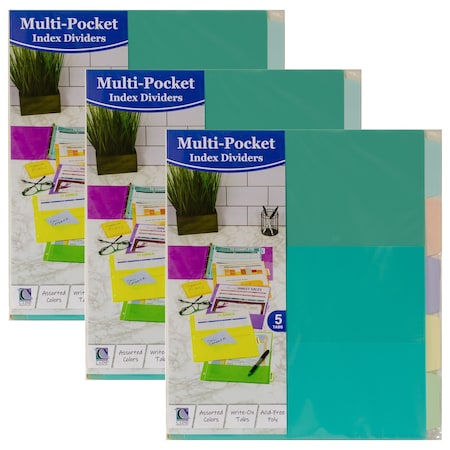 C-Line Products Index Dividers, 5-Tab, w/Multi-Pockets, Bright Colors, 8-1/2 x 11, 15PK 7650